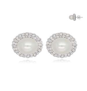 Silver Round Pearl and Cubic Earrings
