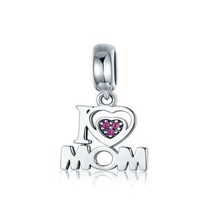 Silver I love Mom Red Cubic Charm