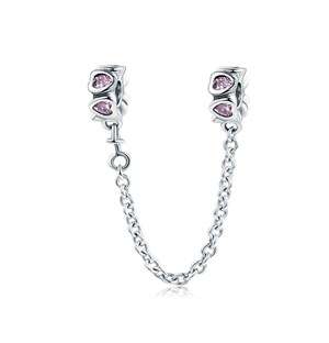 Silver Safety Chain With Pink Cubic Heart Details
