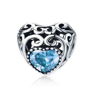 Silver Filigree Heart March Birthstone Charm