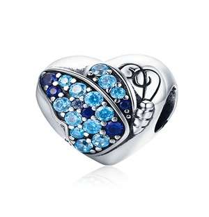 Silver Heart Blue Enamel Butterfly Design Charm