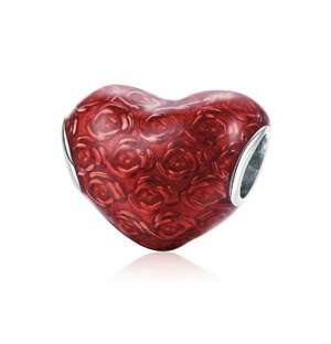 Silver Rose Red Enamel Heart Charm