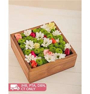 Wooden Crate of Mixed Roses and Sprays
