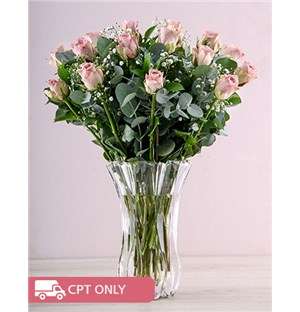 Lilac Roses in a Clear Crystal Vase