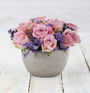 Lilac Roses in Silver Ceramic Vase
