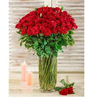 MYNETSP376 100 Red Roses in a Tall Glass Vase