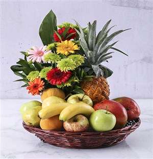 Basket of Flowers and Fresh Fruit