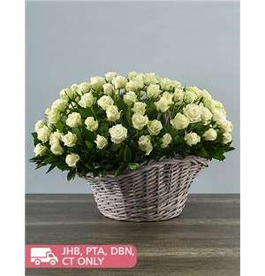 100 White Roses in a Basket