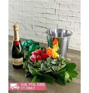 Mixed Roses, Moet and ice Bucket