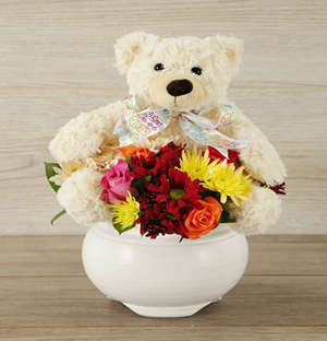 Teddy and Mixed Bloom Arrangement