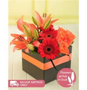 Mixed Orange Flowers in a Boxed Handbag
