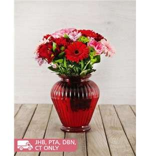 Mixed Flowers in Red Lantern Vase