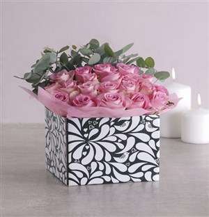 Pink Roses in Black and White Box
