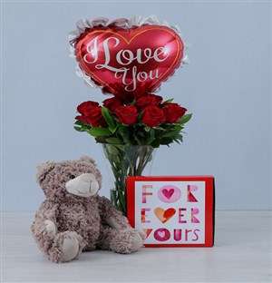 Teddy Balloon and Red Roses Gift