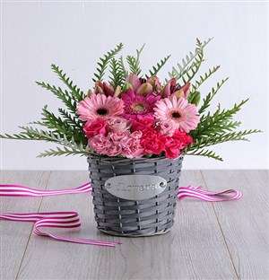 Pink Floral in Grey Basket