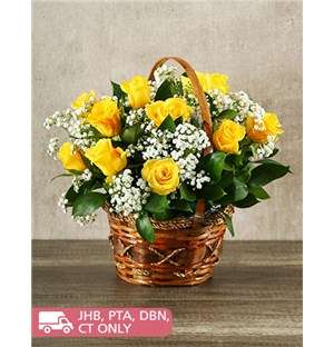 Woven Basket of Yellow Roses