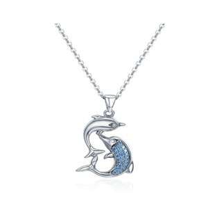 Silver CZ Double Dolphin Necklace