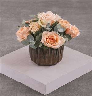 Peach Roses in Bronze Vase