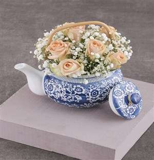 Peach Roses in Delft Teapot