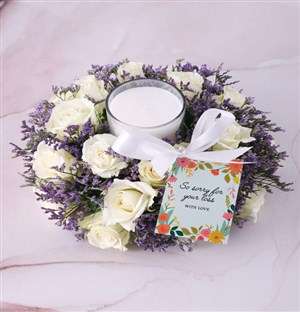 White Sympathy Roses With Glass Candle