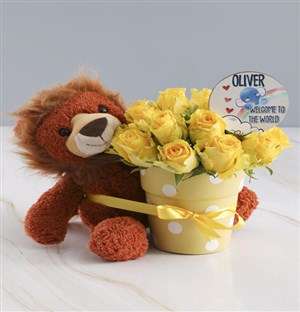 Bright And Yellow Potted Roses And Teddy Gift