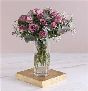 Lilac Roses In Small Cylinder Vase