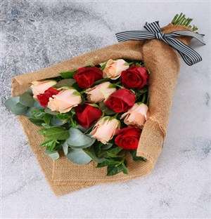 Magical Mixed Roses in Hessian Wrapping