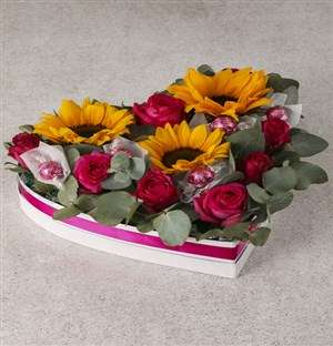 Sunflower and Rose Heart Arrangement