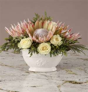 Whimsical Protea and White Rose Bouquet