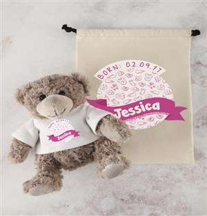 Personalised New Baby Teddy and Drawstring Bag