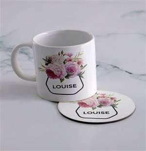 Personalised Pink Flower Mug And Coaster Set