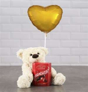 Cream Teddy And Gold Balloon Hamper