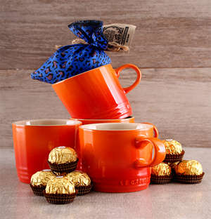 Four Le Creuset Mugs, Coffee and Ferrero Rocher