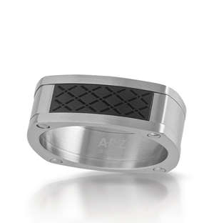 ARZ Steel and Black X Cross Pattern Ring