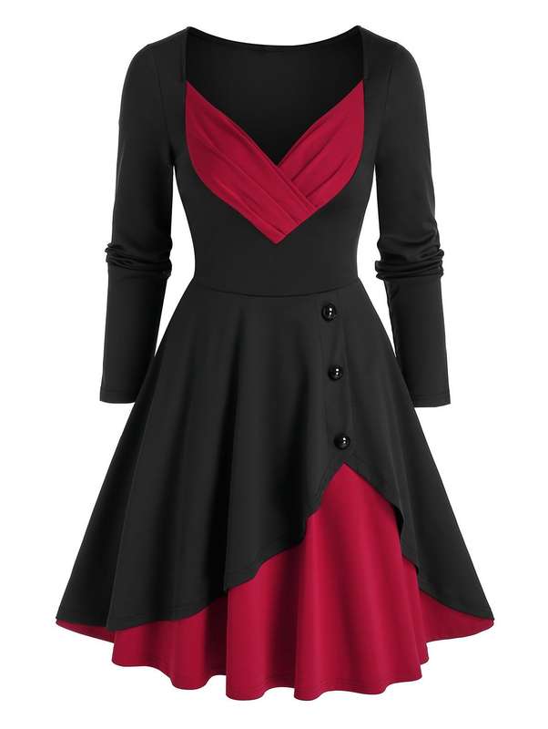 Bicolor Pleated Button Asymmetric Retro Dress-BLACK-3XL