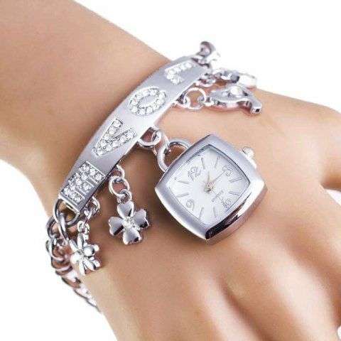 Rhinestone Love Charm ID Bracelet Watch