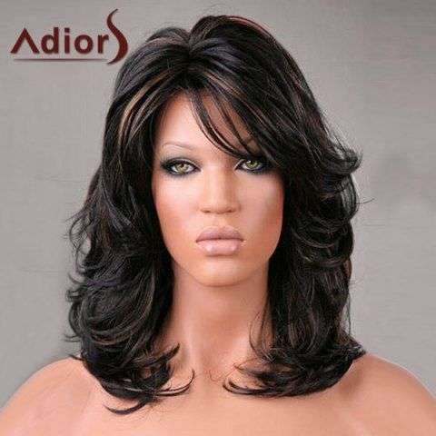Adiors Medium Side Bang Highlight Shaggy Slightly Curled Synthetic Wig