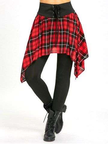 Asymmetric Plaid Lace Up Skirted Leggings
