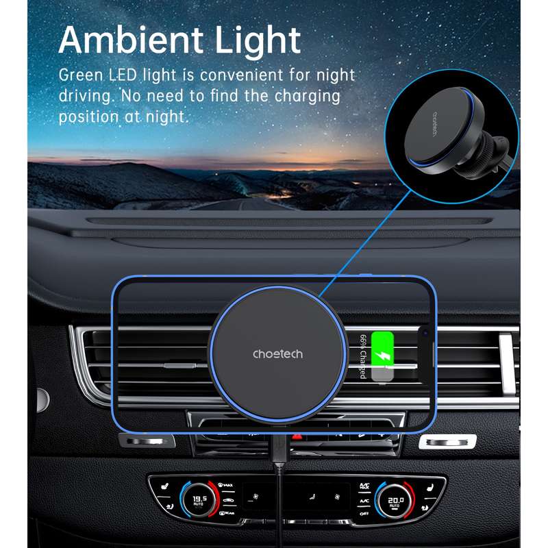 Choetech 15W Magnetic Wireless Car Charger - Black