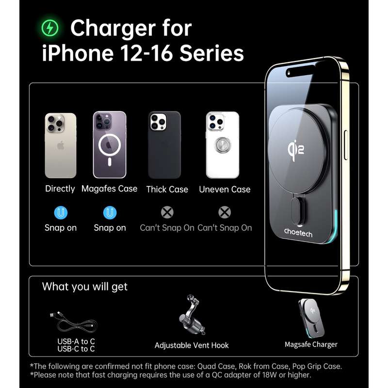 Choetech 15W Car Magnetic Wireless Charger - Black