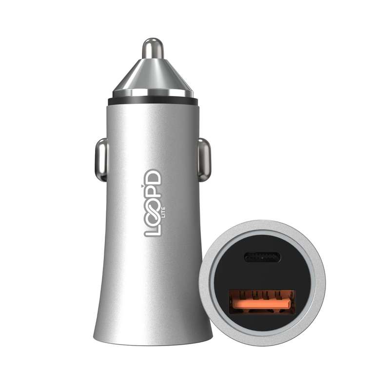 Loopd Lite 20W Cigarette Charger - 2 Port Fast Charge - Silver