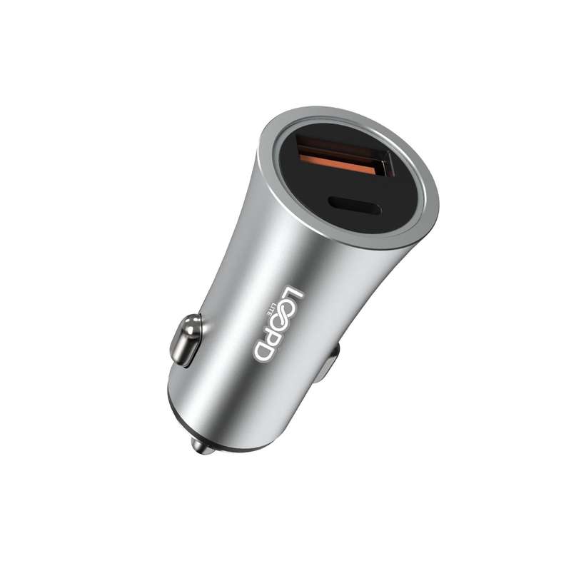 Loopd Lite 20W Cigarette Charger - 2 Port Fast Charge - Silver