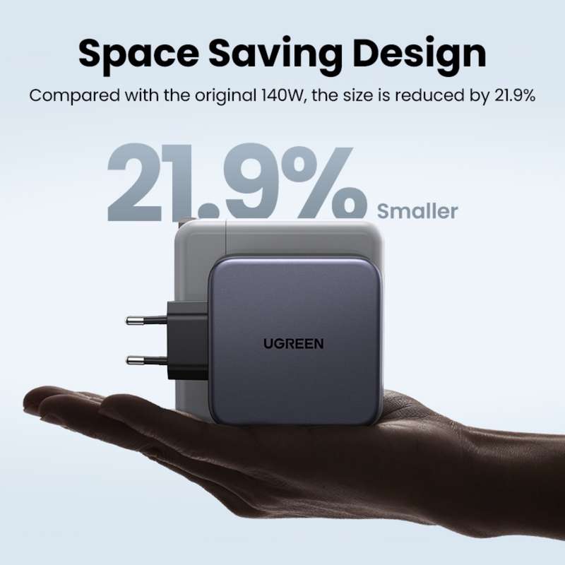 Grey UGREEN 140W GaN Charger 3 Port PD Fast Charge Wall Adapter