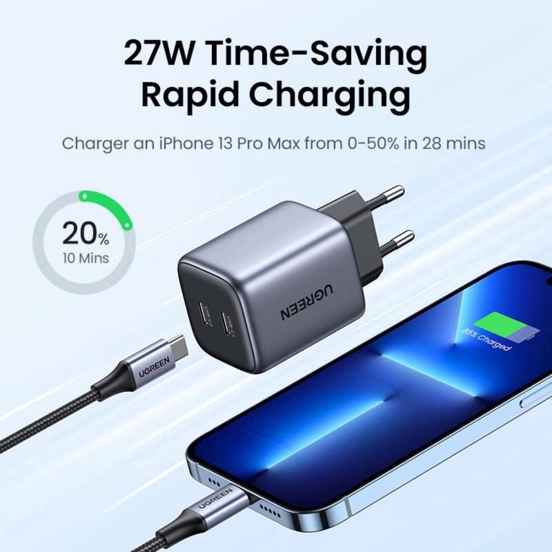 UGREEN 45W GaN Charger - 2 Port Fast Charger - Black