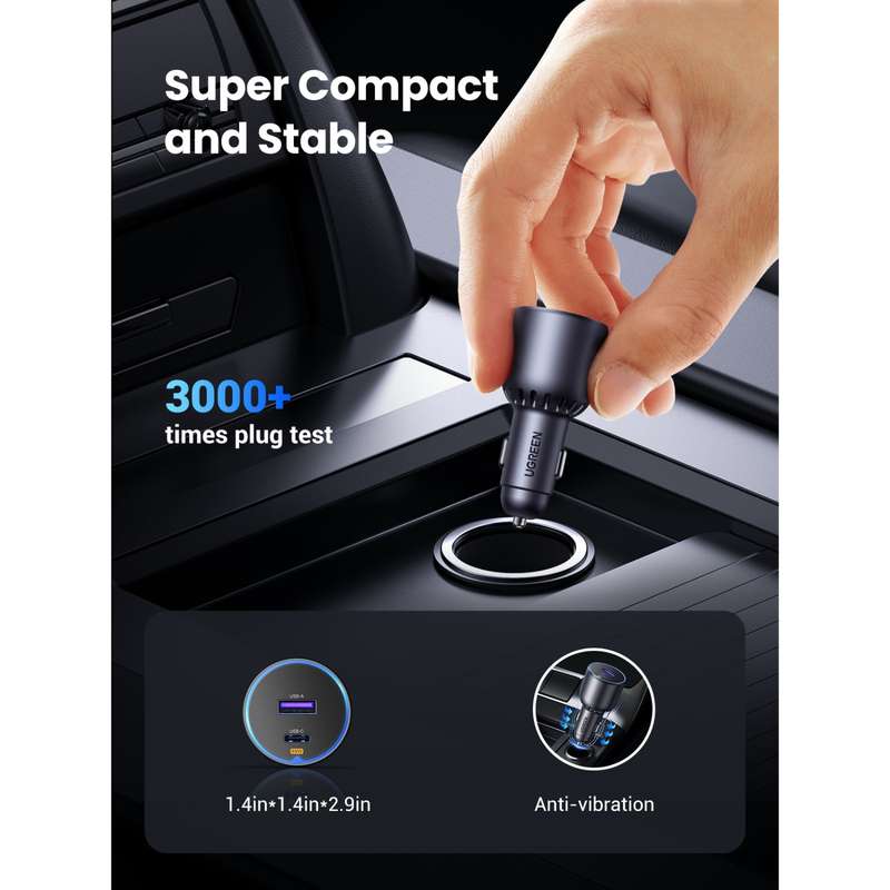 UGREEN 63W Car Charger - 2 Port Fast Charge - Grey