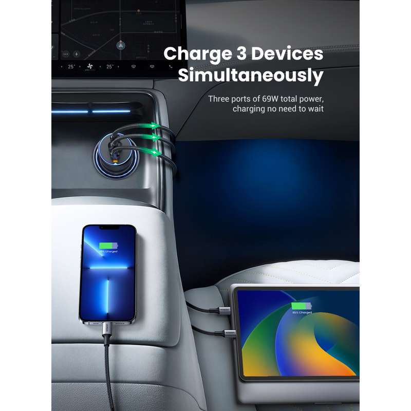 UGREEN 75W Car Charger - 3 Port Fast Charge - Space Grey