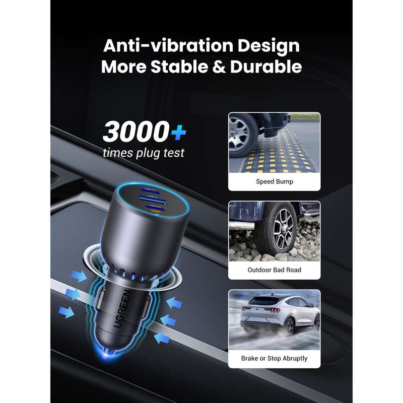 UGREEN 75W Car Charger - 3 Port Fast Charge - Space Grey