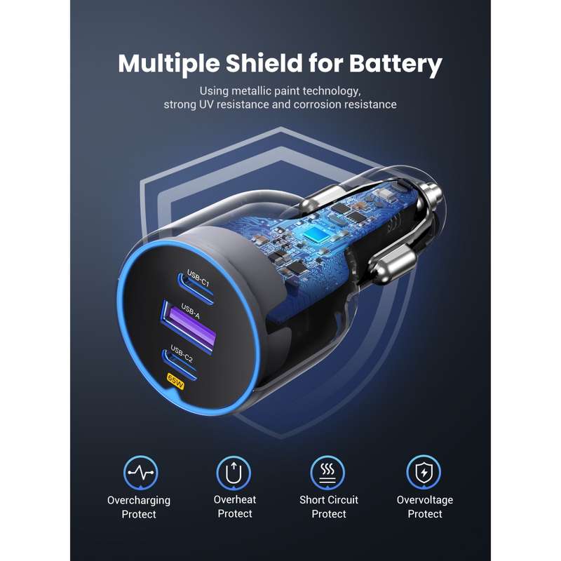 UGREEN 75W Car Charger - 3 Port Fast Charge - Space Grey