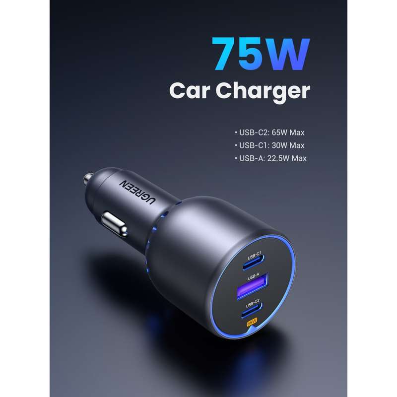 UGREEN 75W Car Charger - 3 Port Fast Charge - Space Grey