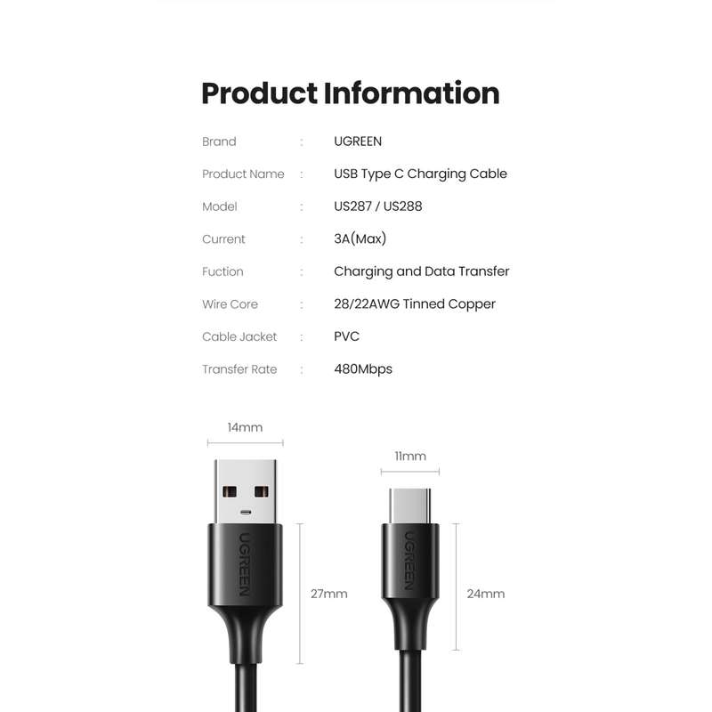 UGREEN 18W USB To Type C Cable - 2 Metre Black